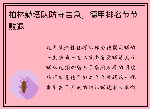 柏林赫塔队防守告急，德甲排名节节败退