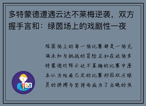 多特蒙德遭遇云达不莱梅逆袭，双方握手言和：绿茵场上的戏剧性一夜