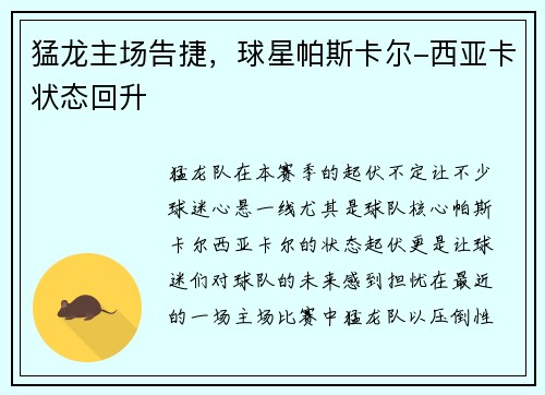 猛龙主场告捷，球星帕斯卡尔-西亚卡状态回升