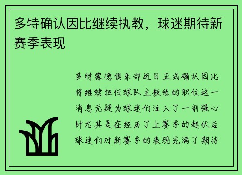 多特确认因比继续执教，球迷期待新赛季表现