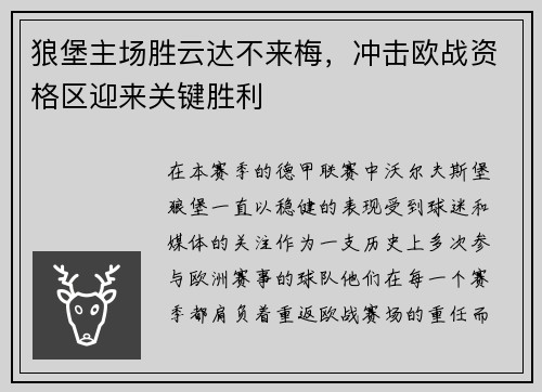 狼堡主场胜云达不来梅，冲击欧战资格区迎来关键胜利