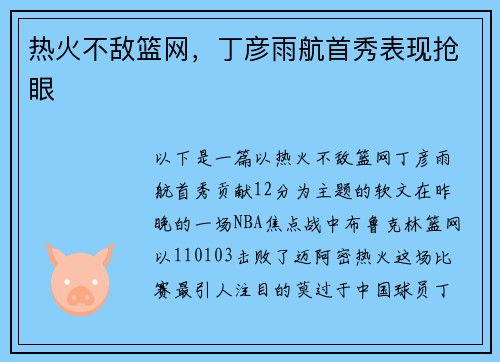 热火不敌篮网，丁彦雨航首秀表现抢眼