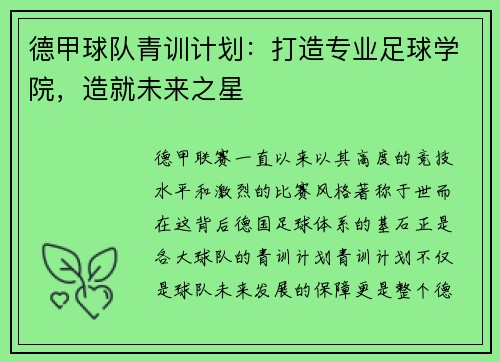 德甲球队青训计划：打造专业足球学院，造就未来之星